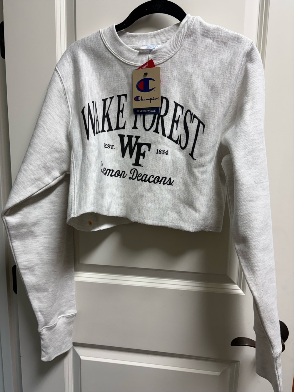 Champion White Cropped Wake Forest Crewneck with gray/ offwhite Print